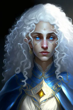 Female elf twilight cleric in a silver robe with blue curly hair and golden eyes