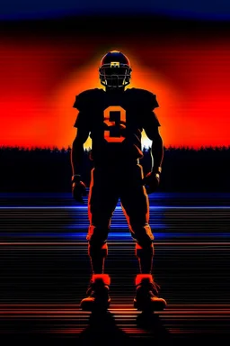 Silhouette of a football linebacker, the background on the left is red at the top and fading to black at the bottom, the background on the right is orange at the top and fading to dark navy blue at the bottom, background also has stadium lighting and the receding yard lines of a football field