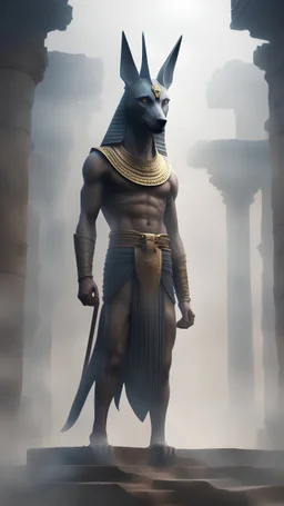 (anime anubis), Greek Mythology, 4k, hyper realistic, view of full body, background foggy chaotic ancient ruin,