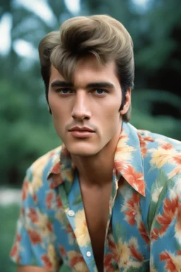 full color Portrait of 18-year-old Elvis Presley with medium length bob-styled blonde hair, a mustache, wearing a Hawaiian shirt and Bermuda shorts- well-lit, UHD, 1080p, professional quality, 35mm photograph by Scott Kendall