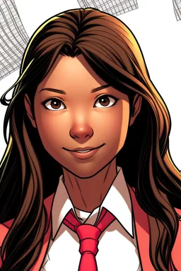 marvel panel with teenage, southeast asian spider-girl, with light skin, wavy, medium-length dark brown hair and brown eyes, and a pink and white suit