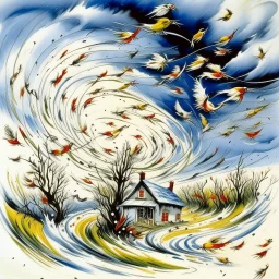 A white sky with birds and a tornado painted by Peter Carl Faberge