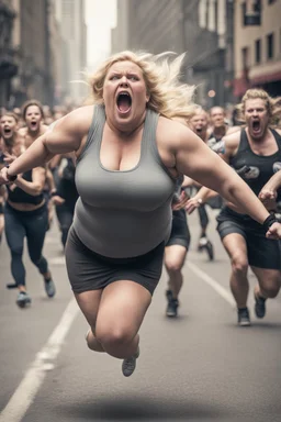 an obese terrified blonde woman in a crossfit outfit desperately running away from an angry mob of thousands of people chasing her down a city street while she is flailing her arms for dear life