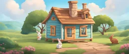hutch rabbits little house with twoo floors background, disney cartoon style