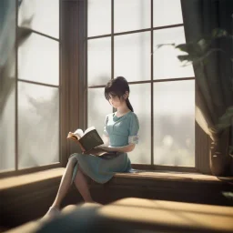 Study girl read a book in by the window, ultra detail, real photo realistic, unreal engine, cinematic lighting --ar 1:1 creative