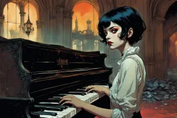 create a young vampire girl with short cropped black hair, playing piano in a ruined Renaissance parlor, in the graphic novel style of Bill Sienkiewicz and Jean Giraud Moebius, highly detailed facial features, grainy, gritty textures, dark and foreboding