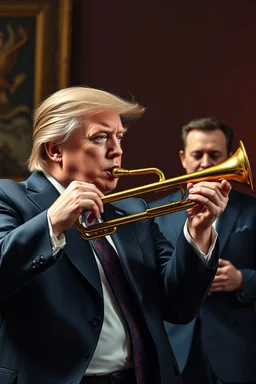 Trump playing the trump musical instrument , Elan Musk is standing in the background , traditional si, studio photograph, very aesthetic, highly detailed, brilliant composition, hyper realistic, photorealistic, subsurface scattering matt painting