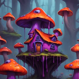 A weird mushroom house with drippy spots and eyeballs on a floating island. black purple blue orange Detailed gloss Painting, rich color, fantastical, intricate detail, splash screen, hyperdetailed, insane depth, concept art, 8k resolution, trendi