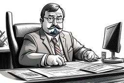 big russian man sitting at desk, portrait, speech, TV address, nametag, glasses, neck beard, short hair, mustache, suit; caricature style, sketch art; black and white; grayscale, pencil drawing