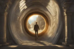 a man moving through a portal, photorealistic, Detailed Matte Painting, Deep Colour, Fantastical, Intricate Detail, sunshine