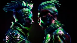 two Afro-American males facing each other in profile, confrontational stance, high-contrast black and white, deep shadows, bright rim lighting, dark studio background, punk spiked mohawk hairstyles, metallic reflective jackets, skin highlights, intricate chrome ear frames and jawline exoskeleton jewelry, biomechanical ear cuffs, sculptural contours, sharp silhouettes, cinematic low-key photography, cyberpunk aesthetic, symbolic duality, tension, dramatic