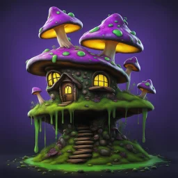 A weird mushroom house with drippy spots and eyeballs on a floating island. black green yellow purple Detailed gloss Painting, rich color, fantastical, intricate detail, splash screen, hyperdetailed, insane depth, concept art, 8k resolution, trendi