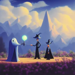 The mouse and the grim reaper discussing the future of the universe, on bubble world, art by Pixar and Magritte