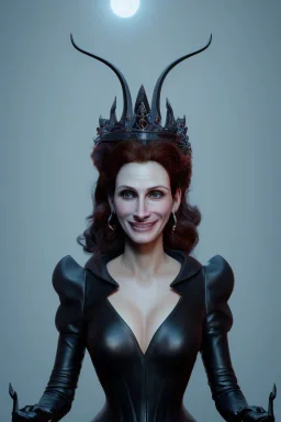 Julia Roberts as evil queen in black leather gown, evil, busty, cleavage, curvy, angry, stern look. character design by cory loftis, fenghua zhong, ryohei hase, ismail inceoglu and ruan jia. unreal engine 5, artistic lighting, highly detailed, photorealistic, fantasy