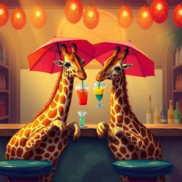very Gay Giraffes standing in a bar drinking umbrella drinks