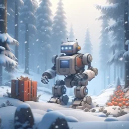 fat robot santa and presents in snowy misty forest, 8k, down-light, soft light, depth of field, photo realism, trending on art station, high detail