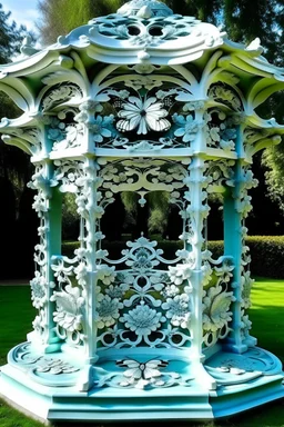 carved gazebo, garden, flowers, butterflies, colors: snow-white, silver, milky, mint, glaze, pearl, turquoise, cream, mother-of-pearl, dawn: sfumato, complex abstraction in the style of Dali
