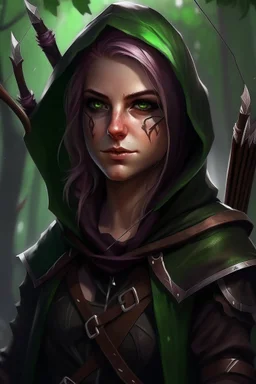 35 year old rogue elf, thief assassin, messy Mauve hair, sparkling green eyes, glowing brown skin, black hood, black leather, messy, disheveled, trees, sneaky, bow and arrows, tall, skinny, friendly, stoner