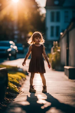 little girl that is standing on a sidewalk, inspired by Louisa Puller, trending on unsplash, viennese actionism, anamorphic lens flare, dynamic pose, shallow depth of field, dreamlike, nature-inspired, romantic, whimsical, fantasy art,