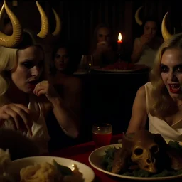 Horror movie shot, spooky, horns, hot, ultra realistic, dine, they enjoy and get excited, ultra realistic hot blonde women, party, pieces of meat, organs, ail, dynamic, very excited people, 1970's, Dario Argento, hypermaximalist figures, light, Italian horror movie, sinister, ornate, 4k, photorealism