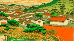 An orange colored Irish town with clovers painted by Katsushika Hokusai