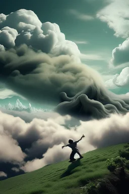 Generate a surrealistic landscape with God reaching down from a cloud to lift someone up