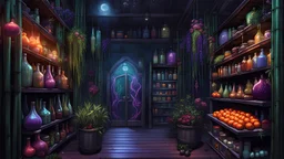 full-body shot of an insatiably evil black opal iridescent pearlescent dark witchy bamboo island food pantry with herbs hanging and sausages, food, potions lining the shelves, flowers hanging from bamboo columns, colorful macabre, Dariusz Zawadzki art style, liminal spaces, horror art, dark gaming background, wet, glossy, horror art, trypophobia, eerie, intricate details, HDR, beautifully shot, hyperrealistic, sharp focus, back lit, 64 megapixels, perfect composition, high contrast, cinematic