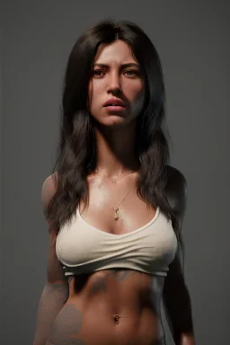 Ultra Realistic image, 25 years old brunette woman, Madrid, portrait, small stature, s size body, small chest, yakuza body tattoo, vibrant color, highly detailed, art stations, concept art, smooth, unreal engine 5, god rays, ray tracing, RTX, lumen lighting, ultra detail, volumetric lighting.