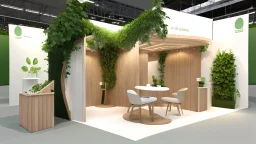 Corner exhibition stand in light colors with wood elements and greenery with two meeting areas