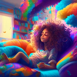 A beautiful girl with curly hair is sitting on the sofa in her room and her beautiful and colorful dreams are flying around the room. A room full of joy and passion and color, digital art, 4k, full details, high resolution