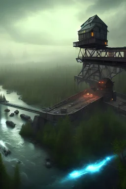 secure outpost perched on a cliff, overlooking a steel bridge, by dangerous river rapids, post-apocalyptic, night, stars, mist, 3D Game Cinematic Feel, Epic 3D Videogame Graphics, Intricately Detailed, 8K Resolution