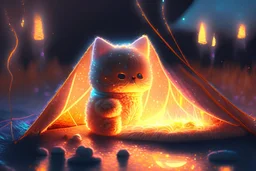 Against a dark cracked holographic marble background, a cute chibi plushy fluffy knitted and embroidered cat, tent, campfire, pond, mist and fog in sunshine, drawn in orange glowing neon lines. The cracks in the background are golden. Ethereal, cinematic postprocessing.