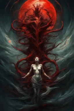 A dramatic digital painting portraying a figure under the Red Moon, veins pulsing, claws of temptation visible, soul in turmoil. In the style of Giger and Salvador Dali and Van Gogh, vivid colors, swirling brushstrokes, highly detailed, 8k resolution, surrealistic., by Ryohei Hase, Agnes Cecile, Raymond Swanland, Anne Bachelie