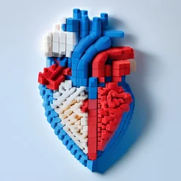 the anatomy of a human heart made from Lego pieces bricks soft pastel blue red colors, white space