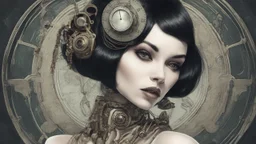 pale steampunk alien woman wearing exotic clothing. Black hair bob