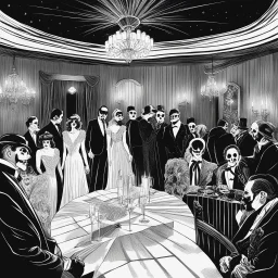 [art by Mil Mascaras] A disturbing party takes place at the Colorado Lounge in the sinister Overlook Hotel. The event is a ghostly reenactment of a glamorous 1920s party, filled with long-dead guests dressed in elegant attire. A ghostly celebration where all the characters are "costumed", not in typical costumes, but as people who are no longer what they appear to be: everyone there is dead. The guests are masked by the appearance of life, when in reality they are apparitions from the hotel's da