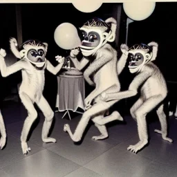 1980s photo of new year's party alien monkey with dancing cats happy