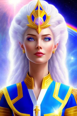 cosmic young woman admiral from the future, one fine whole face, large cosmic forehead, crystalline skin, expressive blue eyes, blue hair, smiling lips, very nice smile, costume pleiadian, rainbow ufo, Beautiful tall woman pleiadian Galactic commander, ship, perfect datailed golden galactic suit, high rank, long blond hair