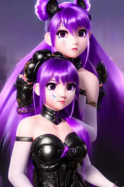 Detailed cute anime Kunoichi girl, purple hair buns, purple bangs, black latex bodysuit, intricate details, full body portrait, keep head in frame, slight smile, black Japanese motif, concept art, highly detailed, digital painting, concept art, sharp focus, illustration, art by Yoji Shinkawa, WLOP and greg rutkowski and alphonse mucha and artgerm and yanjun Chen and Junji ito and Makoto Shinkai, HDR, octane render