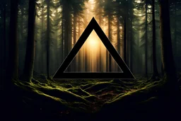 Create an impossible triangle, emphasizing its surrealistic features, with a dark forest integrated. Also, provide a vivid description of an enchanting forest in the background. If possible, include a realistic 4K photo of a forest with the sun shining from above, capturing the essence of Sweden. This will enhance the atmosphere.