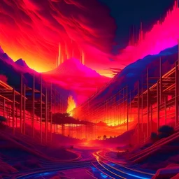 fire land a land full of fires, Revolutionary AI Art Generator: Transforming house into Visual Spectacles!" This description highlights the cutting-edge nature of using AI to create strange cover art, emphasizing the fusion of technology and creativity to produce captivating visual representations of music in a synthwave and vaporwave style