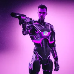 handsome, cute man, handsome man in futuristic suits, black and white highlight hair color, pink and purple background, pink lighting, deep purple backlighting, gun, smoke, robot suits