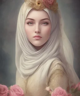 muslim, portrait borders veil head Princess, long hairs black eyes no top with roses