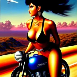 portrait of busty beautiful 'Female Rider on Shotaro Kaneda's Bike',painting by Earl Norem, simon Bisley, evan lee, 86-86, oil on canvas, cinematic composition, extreme detail,fit full head inside picture,8k