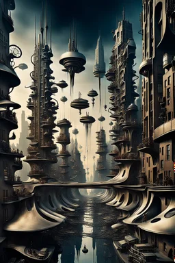 a stunningly weird image of a futuristic metropolis using Salvador Dali's paranoiac-critical method, where buildings and structures appear to melt into the skyline cityscape is filled with floating mad, twisted sharp metal shapes that interact with the buildings and each other, forming a surreal tableau of a dreamlike reality. neu-steampunk vibe, essence of the scene in a cinematic manner, with dramatic shadows that enhance the distorted perspectives and bizarre