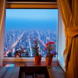  looking out of a window to a crowded city with many textbooks on the table Korea sunrise with homework on it only one person small hyper-detail plants