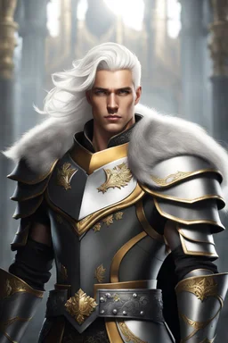 Male Tan Human, White Hair, Handsome Face, King Crown, Dark Heavy Armour, Black and Gold colour theme