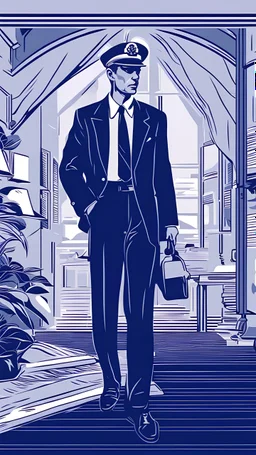 "navy blue" color scheme, a vector, a man is researching