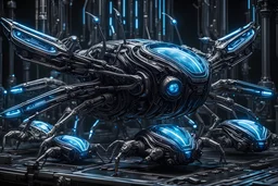 nanobot swarm, tiny mechanical creatures, intricate designs, futuristic, metallic, dark background, blue glow, high-tech, hyper-detailed, sharp focus, ultra detailed, sci-fi, by H.R. Giger and Syd Mead, artstation, highly detailed, cinematic lighting