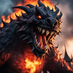 [summoning a devil] a low angle view with bokeh effect capturing the monstrous Laughing monster in all its fearsome glory. Smoke billows menacingly from its nostrils, swirling around its grotesque visage, while flames rage fiercely from its gaping maw, casting an eerie glow against the darkening sky. The Laughing monster's wicked laughter echoes through the valley, sending shivers down the spines of all who behold its menacing form.